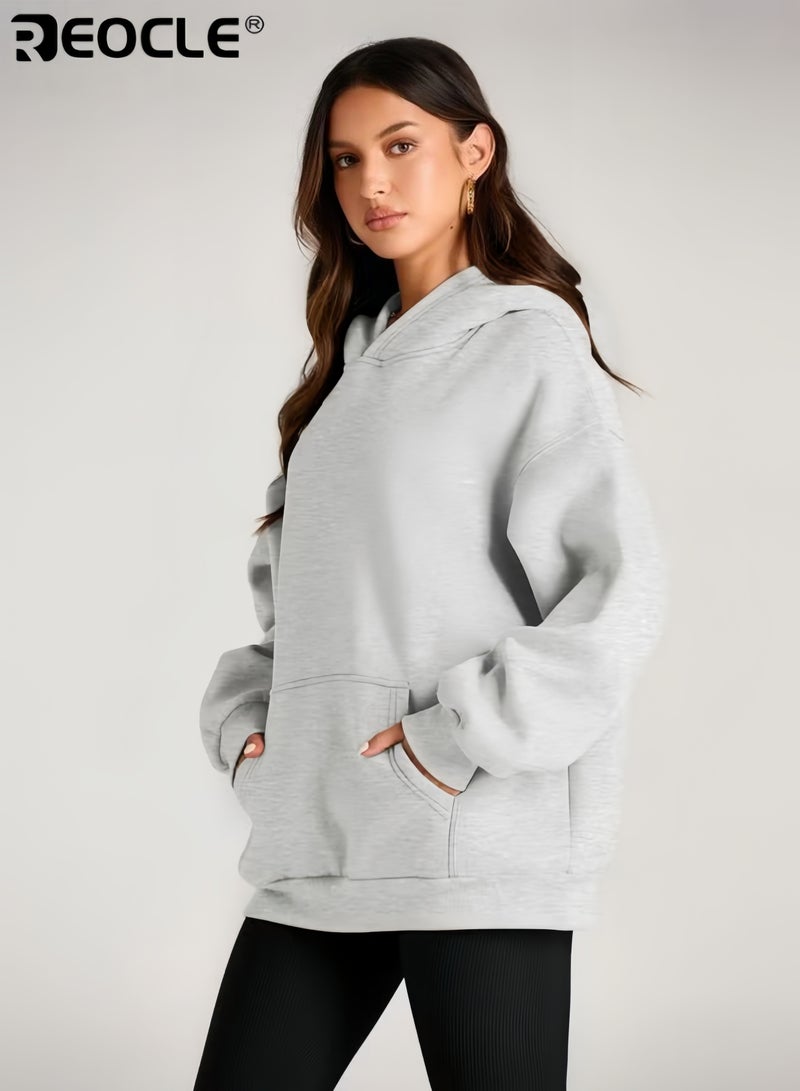 REOCLE Women's Oversized Hoodie with Fleece Lining and Pullover Design Cozy Sweatshirt with Kangaroo Pocket for Fall Winter Fashion - Image 2